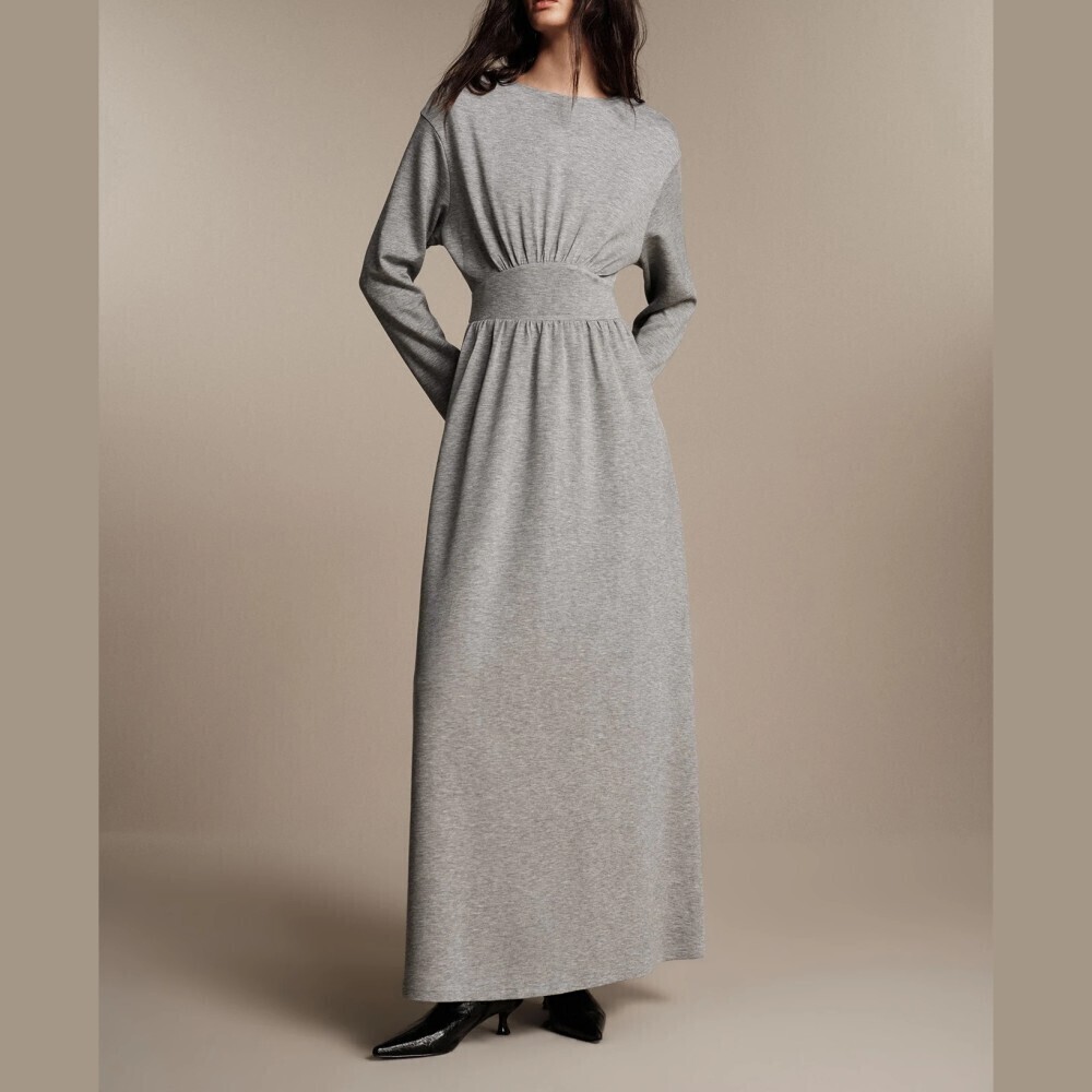 Heather Gray Knit Cinched Waist Long Sleeve Maxi Dress